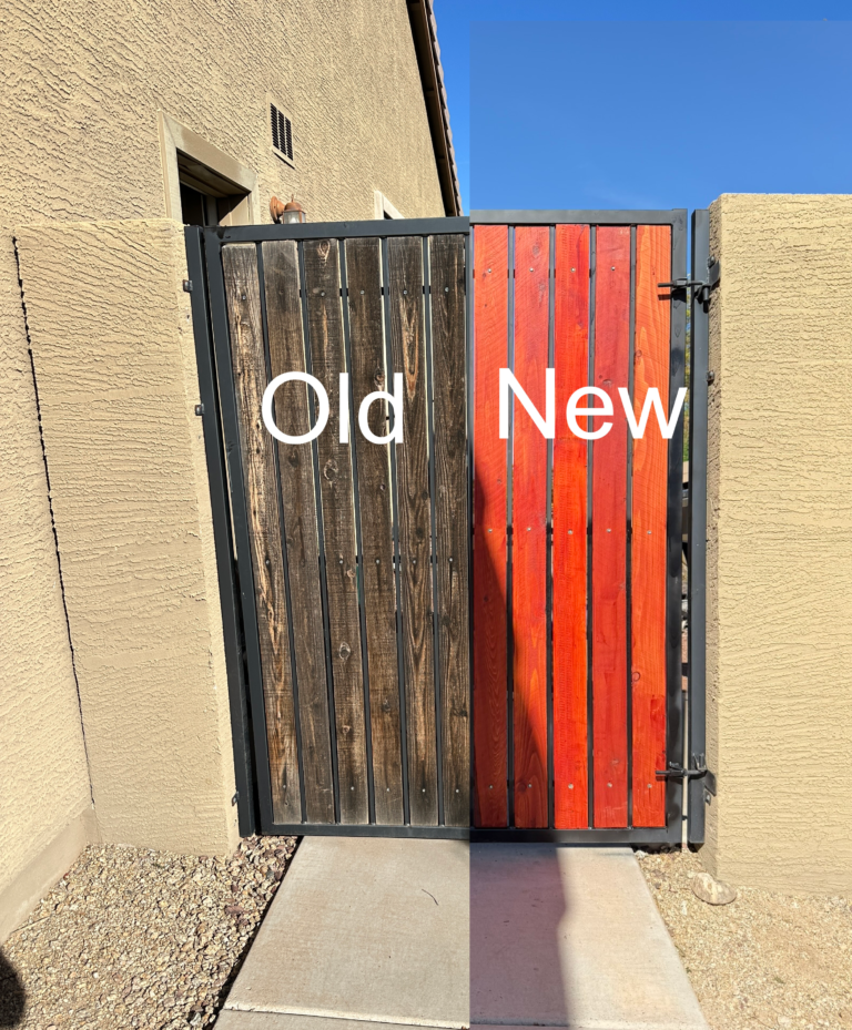 DIY wood gate repair with fence planks removed and metal frame exposed